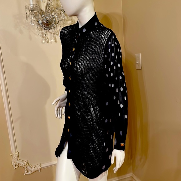 GIANNI VERSACE BLACK SHEER EYELET LACE POLKADOT VINTAGE - Picture 3 of 12